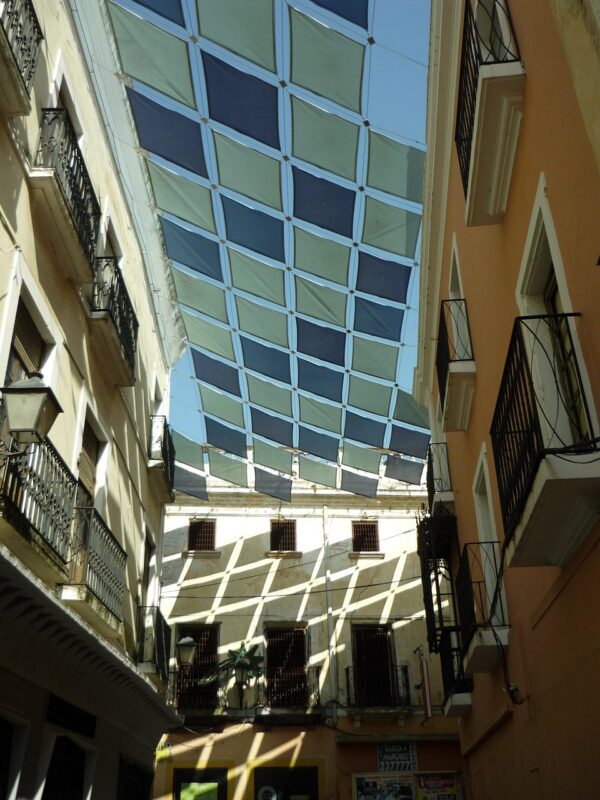 awning, shade, rhombuses, geometry, cover, tarps, fabrics, blue, tense, street, facades, fresh, sunny, grid